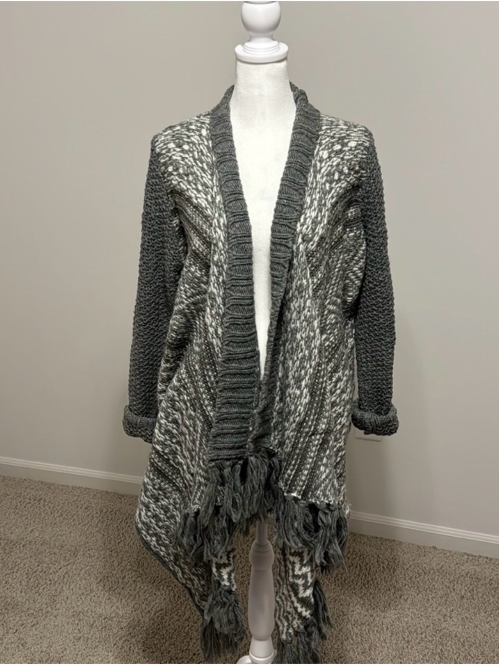 Gray Fringe Open Front Cardigan Size M | Boho Layering Sweater